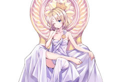Rule 34 | 1girl, ;), bare shoulders, barefoot, bindi, blonde hair, blue eyes, blush, breasts, butsuzou collection, cleavage, crown, earrings, facial mark, forehead mark, jewelry, looking at viewer, matsuryuu, one eye closed, original, robe, short hair, sitting, smile, solo, wink