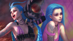 Rule 34 | :d, arm tattoo, artist name, blouse, blue hair, braid, breast tattoo, breasts, bullet, bullet necklace, chest tattoo, closed mouth, commentary, deviantart username, english commentary, eyelashes, facebook username, gohpot, gun, hair ornament, hairclip, highres, holding, holding gun, holding weapon, jewelry, jinx (league of legends), league of legends, lips, long hair, necklace, off shoulder, open mouth, pink shirt, purple eyes, shirt, shoulder tattoo, small breasts, smile, tattoo, teeth, tongue, twin braids, very long hair, watermark, weapon, web address, whorled clouds