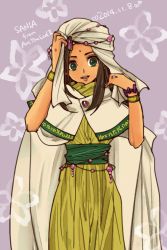 Rule 34 | 1girl, arc the lad, arc the lad ii, brown hair, commentary request, dark skin, dark-skinned female, dress, facepaint, facial mark, green eyes, highres, hood, long hair, looking at viewer, sania (arc the lad), solo, yadoso