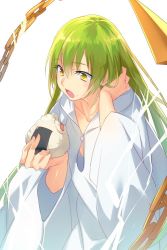 Rule 34 | 1other, androgynous, chain, collarbone, echo (circa), enkidu (fate), fate/strange fake, fate (series), food, green hair, hair between eyes, hand in own hair, holding, holding food, long hair, open mouth, simple background, solo, very long hair, white background, yellow eyes