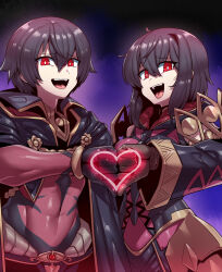 Rule 34 | 1boy, 1girl, abs, alternate costume, black cape, black hair, cape, clenched hands, commission, fire emblem, fire emblem awakening, fire emblem heroes, heart, heart hands, heart hands duo, highres, laughing, morgan (female) (fire emblem), morgan (fire emblem), morgan (male) (fire emblem), nintendo, open mouth, purple background, red eyes, skeb commission, skin tight, smug, thumbs down, tukiwani