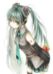 Rule 34 | 1girl, gift, green eyes, green hair, hatsune miku, headset, leaning forward, long hair, looking at viewer, matching hair/eyes, necktie, simple background, skirt, smile, solo, thighhighs, toma (me666nm), twintails, very long hair, vocaloid, white background