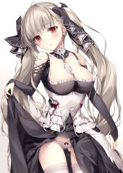 Rule 34 | 1girl, absurdres, azur lane, between breasts, blush, breasts, cleavage, clothes lift, dress, dress lift, formidable (azur lane), grey hair, hair ribbon, highres, karory, large breasts, lifting own clothes, long sleeves, necktie, panties, red eyes, ribbon, solo, thighhighs, twintails, underwear, white panties, white thighhighs
