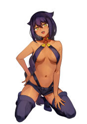 Rule 34 | 1girl, :d, black hair, boots, braid, breasts, commentary request, dark-skinned female, dark skin, fangs, hair between eyes, hair flaps, halterneck, hand on own hip, hand on own thigh, head tilt, jahy, jahy-sama wa kujikenai!, kneeling, konbu wakame, long hair, looking at viewer, medium breasts, navel, o-ring, o-ring top, official art, open mouth, short shorts, shorts, simple background, smile, solo, thigh boots, thighhighs, very long hair, white background, yellow eyes