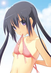 Rule 34 | 1girl, arms behind back, aruki, bikini, bikini top only, black hair, k-on!, looking at viewer, mouth hold, nakano azusa, navel, one-piece tan, purple eyes, sky, solo, sun, swimsuit, tan, tanline, twintails