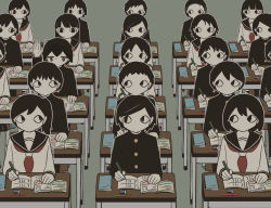 Rule 34 | 6+boys, 6+girls, @ @, absurdres, avogado6, black hair, black jacket, book, buttons, classroom, commentary, desk, eraser, gakuran, grey background, hand up, highres, holding, holding pen, jacket, long hair, looking at another, multiple boys, multiple girls, o o, open book, original, parted bangs, pen, pencil, ponytail, school uniform, shirt, short hair, simple background, sitting, sweat, swept bangs, upper body, wavy hair, white shirt, wide-eyed