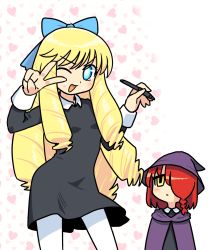 Rule 34 | 2girls, ;d, black dress, blonde hair, blue bow, blue eyes, blush, bow, braid, breasts, cloak, collared dress, commentary request, dress, drill hair, hair bow, hair over one eye, hand up, heart, heart background, highres, holding, holding stylus, hood, hood down, hooded cloak, long hair, long sleeves, looking at viewer, mage helvetica, multiple girls, muu (mumumer), one eye closed, open mouth, pantyhose, purple cloak, red hair, simple background, single braid, small breasts, smile, stylus, sweat, v-shaped eyebrows, v over eye, very long hair, white background, white pantyhose, yellow eyes, zakoeshi-chan, zakoeshi-chan nikki