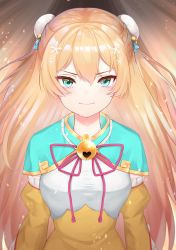 Rule 34 | 1girl, absurdres, angry, aqua capelet, bell, blonde hair, blush, bun cover, capelet, detached sleeves, double bun, dress, flower, frilled sleeves, frills, frown, gold trim, green eyes, grimace, hair between eyes, hair bun, hair flower, hair ornament, highres, hololive, jingle bell, long hair, looking at viewer, momosuzu nene, neck ribbon, pinponpaaru, ribbon, sidelocks, solo, tassel, tearing up, upper body, v-shaped eyebrows, virtual youtuber, yellow dress, yellow sleeves