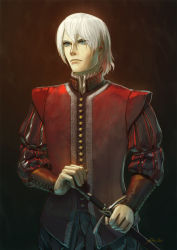 Rule 34 | 1boy, alternate costume, blue eyes, cassio yoshiyaki, dante (devil may cry), devil may cry (series), hand on hilt, male focus, short hair, solo, sword, weapon, white hair