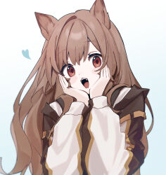Rule 34 | 1girl, animal ears, arknights, blush, brown hair, ceobe (arknights), dog ears, fangs, hands on own cheeks, hands on own face, heart, highres, long hair, long sleeves, looking at viewer, open mouth, red eyes, simple background, solo, upper body, very long hair, white background