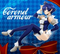 Rule 34 | 1girl, alternate costume, ass, blue eyes, blue hair, breasts, crown, cup, detached sleeves, drinking glass, hand on headwear, hand on own hip, high-cut armor (persona), high heels, ichigou miya, matching hair/eyes, mini crown, persona, persona 4, shirogane naoto, short hair, solo, thighhighs, wine glass