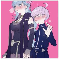 Rule 34 | 1boy, 1girl, ahoge, belt, belt pouch, black dress, black gloves, blue belt, blue coat, blue eyes, blue hair, blue jacket, blush, border, braid, breasts, breath, cheeseko, coat, commentary request, dress, earrings, elbow gloves, facial mark, fingerless gloves, flower, fubuki clockford, gloves, hair flower, hair ornament, hand up, hetero, holding hands, hood, hooded coat, jacket, jewelry, large breasts, long hair, long sleeves, master detective archives: rain code, necklace, nose blush, open mouth, pink background, pink flower, pouch, purple eyes, purple hair, short dress, short hair, single braid, sleeveless, sleeveless coat, smile, standing, sweat, sweatdrop, tears, white border, yuma kokohead
