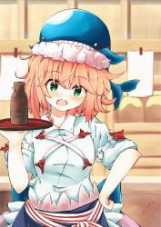 Rule 34 | 1girl, animal hat, apron, arm up, blue shirt, blurry, blurry background, blush, breasts, commentary request, depth of field, green eyes, hair between eyes, hand on own hip, hat, head tilt, highres, holding, holding tray, indoors, long sleeves, looking at viewer, medium breasts, okunoda miyoi, open mouth, sachisudesu, shirt, short hair, sleeves rolled up, solo, standing, tokkuri, touhou, tray, upper body, waist apron