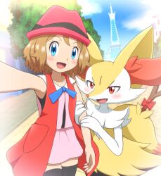Rule 34 | 2girls, animal ear fluff, animal ears, animal nose, arm at side, arm hug, arm up, black thighhighs, blonde hair, blue eyes, blue sky, blush, body fur, bow, braixen, cloud, collarbone, cowboy shot, creatures (company), day, dress, dutch angle, fang, female focus, flat chest, fox ears, fox girl, fox tail, furry, furry female, game freak, gen 6 pokemon, hands up, happy, hat, highres, in-universe location, looking at viewer, lumiose city, multiple girls, neck fur, nintendo, open mouth, outdoors, outstretched arm, pink dress, pokemon, pokemon (anime), pokemon (creature), pokemon xy (anime), porkpie hat, red bow, red eyes, red headwear, remoa (kuremoa3912), selfie, serena (pokemon), short dress, short hair, sidelocks, sky, sleeveless, sleeveless dress, smile, snout, standing, stick, tail, thighhighs, tree, two-tone fur, white fur, yellow fur, zettai ryouiki