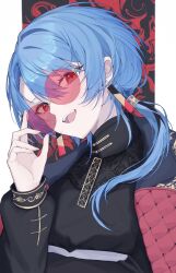 Rule 34 | 1girl, blue eyes, blue hair, coat, earrings, hair between eyes, hair over shoulder, hanafuda earrings, highres, hololive, hoshimachi suisei, hoshimachi suisei (oriental suit), jewelry, long hair, long sleeves, looking at viewer, nolc, official alternate costume, official alternate eye color, print coat, round eyewear, shirt, simple background, sitting, smile, solo, star (symbol), star in eye, sunglasses, symbol in eye, tassel, tinted eyewear, virtual youtuber