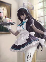Rule 34 | 1girl, absurdres, ahoge, apron, artist name, black dress, black hair, blue archive, blue bow, blue bowtie, blue ribbon, blurry, blurry background, blush, bow, bowtie, breasts, cake, cake slice, closed mouth, commentary, cowboy shot, cup, danny marx, dark-skinned female, dark skin, dessert, dress, english commentary, food, frilled apron, frilled dress, frills, fruit, gloves, hair between eyes, halo, highres, holding, holding tray, ice cream, indoors, karin (blue archive), large breasts, long hair, looking at viewer, maid, maid apron, maid headdress, painting (object), pantyhose, parfait, plate, pleated dress, puffy short sleeves, puffy sleeves, ribbon, short sleeves, sidelocks, solo, standing, strawberry, strawberry shortcake, tray, twitter username, very long hair, whipped cream, white apron, white gloves, white pantyhose, window, yellow eyes
