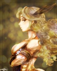 Rule 34 | 1girl, abs, amazon (dragon&#039;s crown), armlet, armor, bare shoulders, bikini armor, black feathers, blonde hair, blurry, bokeh, border, breasts, circlet, crossed arms, depth of field, dragon&#039;s crown, feather hair ornament, feathers, from side, gloves, feather hair ornament, highres, large breasts, leather, leather gloves, lips, long hair, masamune (eight5050), midriff, muscular, muscular female, profile, purple eyes, scale armor, sideboob, sideways glance, signature, solo, upper body, veins, wavy hair