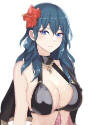 Rule 34 | 1girl, absurdres, bare shoulders, bikini, black bikini, blue eyes, blue hair, breasts, byleth (female) (fire emblem), byleth (fire emblem), commentary, fire emblem, fire emblem: three houses, fire emblem heroes, flower, hair flower, hair ornament, highres, large breasts, long hair, looking at viewer, n 54, nintendo, red flower, simple background, solo, swimsuit, upper body, white background