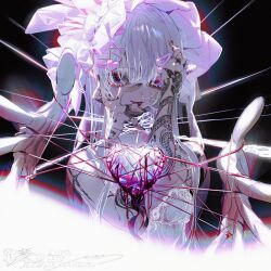 Rule 34 | 1girl, absurdres, black background, close-up, hand in own hair, heart, highres, looking at viewer, original, ribbon, rolua, shirt, tattoo, white hair, white shirt