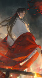 Rule 34 | 1boy, black eyes, black hair, character request, chinese clothes, chinese commentary, closed mouth, commentary request, copyright request, cowboy shot, embers, expressionless, fire, flag, from behind, hair ribbon, hanfu, highres, jacket, lips, long hair, long sleeves, looking to the side, male focus, outdoors, red jacket, red ribbon, ribbon, robe, si jiang, solo, very long hair, watermark, weibo logo, weibo username, white robe, white sleeves, wide sleeves