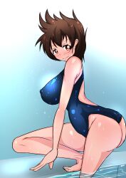 Rule 34 | absurdres, ass, breasts, brown hair, highres, ichigeki haruka, large breasts, mature female, one-piece swimsuit, pool, short hair, swimsuit, thick thighs, thighs