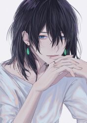 Rule 34 | 1boy, absurdres, aromaflower0, blue eyes, blue hair, closed mouth, crystal earrings, earrings, hair between eyes, highres, howl (howl no ugoku shiro), howl no ugoku shiro, jewelry, looking at viewer, medium hair, necklace, own hands together, ring, shirt, smile, solo, white background, white shirt