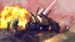 Rule 34 | 2boys, absurdres, commentary, english commentary, explosion, firing, gun, highres, holding, holding gun, holding weapon, hood, hood up, laser, looking ahead, mike doscher, military, military vehicle, motor vehicle, multiple boys, original, science fiction, tank, weapon