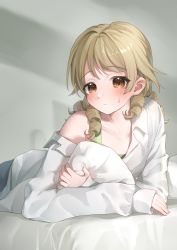 Rule 34 | 1girl, absurdres, bed sheet, blonde hair, blush, borrowed clothes, commentary request, embarrassed, frown, highres, idolmaster, idolmaster cinderella girls, looking at viewer, lying, morikubo nono, ningen mame, hugging object, on stomach, oversized clothes, oversized shirt, pillow, pillow hug, ringlets, shirt, shirt slip, single bare shoulder, sleeves past wrists, solo, sweatdrop, white shirt