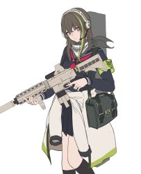 Rule 34 | 1girl, 3 small spiders, absurdres, alternate costume, assault rifle, bag, black scarf, blue serafuku, blue skirt, blush, brown eyes, brown hair, closed mouth, clothes around waist, commentary, feet out of frame, girls&#039; frontline, gun, harness, headset, highres, holding, holding bag, holding gun, holding weapon, jacket, jacket around waist, long hair, long sleeves, looking at viewer, m4 carbine, m4a1 (girls&#039; frontline), multicolored hair, rifle, scarf, school uniform, serafuku, skirt, socks, solo, standing, streaked hair, weapon, white background, white jacket