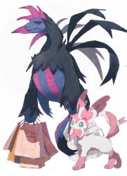 Rule 34 | arc draws, bag, black sclera, blue eyes, bright pupils, closed mouth, colored sclera, creatures (company), dragon, fang, fang out, frown, game freak, gen 5 pokemon, gen 6 pokemon, highres, holding, holding bag, hydreigon, nintendo, no humans, pink tail, pokemon, pokemon (creature), red eyes, shopping bag, simple background, sylveon, white background, white pupils