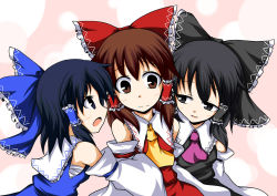 Rule 34 | 3girls, alternate color, alternate hair color, ascot, black eyes, black hair, blue eyes, blue hair, bow, brown eyes, brown hair, detached sleeves, female focus, girl sandwich, hair bow, hakurei reimu, japanese clothes, miko, mochizuki ado, multiple girls, multiple persona, open mouth, palette swap, player 2, sandwiched, touhou, wavy mouth