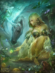 Rule 34 | 1girl, animal, bare shoulders, barefoot, bird, blonde hair, blue eyes, breasts, breasts apart, bug, rabbit, butterfly, closed mouth, collarbone, dated, earrings, elf, flower, frog, green hair, horns, insect, jewelry, legend of the cryptids, long hair, looking away, nature, outdoors, pointy ears, profile, reaching, see-through, single horn, sitting, small breasts, solo, unicorn, zinnadu