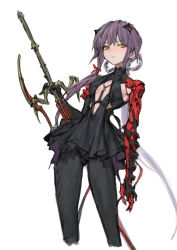 Rule 34 | 1girl, absurdres, black dress, black pantyhose, center opening, closed mouth, contrapposto, cropped legs, dress, hair rings, highres, holding, holding sword, holding weapon, jaeyeong, long hair, looking at viewer, original, pantyhose, purple hair, short dress, simple background, solo, sword, very long hair, weapon, white background, yellow eyes