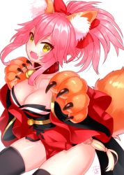Rule 34 | 1girl, animal ear fluff, animal ears, animal hands, bad id, bad pixiv id, bell, black thighhighs, blush stickers, cat paws, collar, collarbone, fangs, fate/grand order, fate (series), fox ears, fox tail, gloves, hair ribbon, highres, jingle bell, long hair, looking at viewer, neck bell, open mouth, paw gloves, pink hair, ponytail, red ribbon, ribbon, simple background, solo, tail, tamamo (fate), tamamo cat (fate), tamamo cat (first ascension) (fate), thighhighs, tranquil-lizer, white background