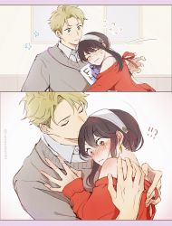 Rule 34 | !?, 1boy, 1girl, bare shoulders, black hair, blonde hair, blue eyes, blush, body blush, closed eyes, closed mouth, collared shirt, comic, earrings, flying sweatdrops, free hugs, hands on another&#039;s shoulders, highres, hug, husband and wife, jewelry, long hair, off-shoulder sweater, off shoulder, red eyes, shirt, sidelocks, spy x family, star (symbol), sweatdrop, sweater, twilight (spy x family), wavy mouth, yamasuke040, yor briar