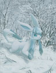 Rule 34 | bare tree, breath, bright pupils, commentary, creatures (company), game freak, gen 4 pokemon, glaceon, green eyes, grey theme, highres, nashimochi 4, nintendo, no humans, outdoors, parted lips, pokemon, pokemon (creature), snow, solo, standing, symbol-only commentary, tree, twitter username, watermark, white pupils