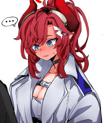 Rule 34 | ..., 1boy, 1girl, :3, blue archive, blue eyes, blush, breasts, cleavage, goggles, goggles on head, hair ornament, highres, horns, large breasts, long hair, megu (blue archive), pointy ears, red hair, simple background, sin seishun, spoken ellipsis, white background