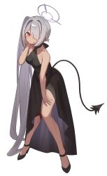 Rule 34 | 1girl, black dress, black footwear, black tail, blue archive, breasts, closed mouth, collarbone, dark-skinned female, dark skin, demon tail, dress, full body, grey hair, grey halo, hair over one eye, halo, high heels, highres, iori (blue archive), long hair, looking at viewer, medium breasts, red eyes, simple background, sleeveless, sleeveless dress, solo, tail, thighs, white background, zenshin