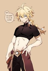 Rule 34 | 1boy, aether (genshin impact), ahoge, belt, blonde hair, earrings, english text, genshin impact, highres, hilimuc, jewelry, long hair, looking at viewer, male focus, navel, short sleeves, smile, solo