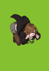 Rule 34 | 1girl, black cardigan, brown footwear, brown hair, brown pantyhose, cardigan, collared shirt, glasses, green background, grey eyes, grey skirt, loafers, long sleeves, open cardigan, open clothes, open mouth, original, pantyhose, pleated skirt, red-framed eyewear, school uniform, shirt, shoes, simple background, skirt, sleeves past wrists, solo, white shirt, yuu (higashi no penguin)
