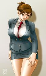 Rule 34 | 1girl, 2003, between breasts, breasts, brown eyes, brown hair, business suit, curvy, formal, highres, jacket, large breasts, legs, looking at viewer, miniskirt, necktie, pencil skirt, short hair, signature, skirt, skirt suit, solo, standing, suit, tatsunami youtoku, teacher, thick thighs, thighs, wide hips