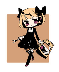 Rule 34 | 1girl, :|, arms at sides, black bow, black dress, black ribbon, black thighhighs, blonde hair, blunt bangs, blush stickers, bob cut, border, bow, brown background, closed mouth, dress, expressionless, frilled thighhighs, frills, full body, guillotine girl (yukihi), hair bow, hair ornament, head tilt, holding, holding scissors, holding suitcase, leg up, long sleeves, looking at viewer, looking to the side, neck ribbon, no nose, no pupils, original, outside border, pleated dress, purple eyes, purple footwear, ribbon, ribbon-trimmed legwear, ribbon trim, rounded corners, scissors, short dress, short hair, simple background, sleeve cuffs, solo, suitcase, tan background, thighhighs, walking, white border, yukihi