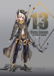 Rule 34 | 1girl, :&lt;, absurdres, arrow (projectile), blurry, blurry background, bow (weapon), buckle, center opening, clothes writing, commentary, eyepatch, fanny pack, full body, gas mask, gloves, gradient background, green footwear, green jacket, grey background, hair between eyes, headgear, high heels, highres, holding, holding bow (weapon), holding weapon, id card, jacket, long sleeves, looking at viewer, mask, mask on head, military jacket, navel, original, panamuru, pants, quiver, scarf, shadow, shiny clothes, sidelocks, simple background, snap-fit buckle, solo, standing, tachi-e, tight clothes, tight pants, weapon, white hair, yellow eyes, yellow gloves, yellow scarf