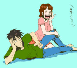 Rule 34 | 1boy, 1girl, barefoot, black eyes, black hair, blue background, blue pants, blush, breasts, brown hair, closed eyes, closed mouth, commentary request, controller, facial scar, fingernails, fukumoto nobuyuki (style), full body, gloom (expression), green shirt, hand on another&#039;s knee, head rest, holding, holding remote control, itou kaiji, kaiji, long hair, lying, medium bangs, medium breasts, official style, on side, open mouth, pants, parody, pink shirt, pointy nose, remote control, sakazaki mikoko, scar, scar on cheek, scar on face, shirt, short hair, short sleeves, simple background, smile, style parody, t k g, teeth, translation request