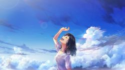 Rule 34 | 1girl, artist name, black hair, blue sky, buttons, closed eyes, cloud, collarbone, facing up, from side, henceforth (vocaloid), highres, lens flare, m.b, medium hair, open mouth, signature, sky, smile, solo, sweat, teeth, upper body, upper teeth only, vocaloid, wavy hair