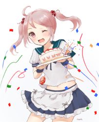 Rule 34 | 10s, 1girl, ahoge, artist name, blue sailor collar, blue skirt, cake, cowboy shot, crab, food, hair bobbles, hair ornament, highres, holding, holding food, kantai collection, nuno (pppompon), one eye closed, open mouth, pink eyes, pink hair, pleated skirt, rabbit, rabbit hair ornament, sailor collar, sazanami (kancolle), sazanami kai (kancolle), school uniform, serafuku, short hair, short sleeves, simple background, skirt, smile, solo, teeth, twintails, white background