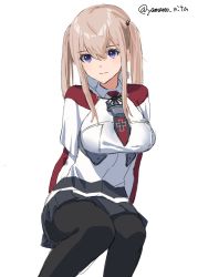 Rule 34 | 1girl, black pantyhose, black skirt, blonde hair, breasts, capelet, cowboy shot, cross, dated, graf zeppelin (kancolle), hair between eyes, highres, invisible chair, iron cross, kantai collection, large breasts, looking at viewer, military, military uniform, miniskirt, necktie, one-hour drawing challenge, pantyhose, pleated skirt, sidelocks, simple background, sitting, skirt, solo, twintails, uniform, white background, yamano rita