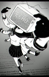 Rule 34 | 1girl, absurdres, black gloves, black sailor collar, black skirt, black wrist cuffs, bow, breasts, collarbone, echo (vocaloid), extra arms, foreshortening, gloves, greyscale, half gloves, highres, long sleeves, looking at viewer, lyrics, medium breasts, monitor, monochrome, napio, object head, perspective, pleated skirt, radio antenna, sailor collar, school uniform, serafuku, shirt bow, single stripe, skirt, socks, song name, standing, standing on one leg, static, television, vocaloid, wrist cuffs