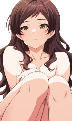 1girl absurdres bare_shoulders black_hair breasts cleavage closed_mouth collarbone completely_nude covering_breasts covering_privates dot_nose expressionless eyelashes highres houki_(tonburi) idolmaster idolmaster_million_live! idolmaster_million_live!_theater_days kitazawa_shiho legs_together light_blush long_hair looking_at_viewer looking_down nude parted_bangs sidelocks simple_background small_breasts solo squatting wavy_hair white_background yellow_eyes