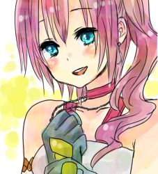 Rule 34 | 10s, 1girl, bad id, bad pixiv id, bare shoulders, blue eyes, blush, close-up, earrings, final fantasy, final fantasy xiii, final fantasy xiii-2, gloves, jewelry, necklace, open mouth, pink hair, serah farron, side ponytail, smile, solo, uver32